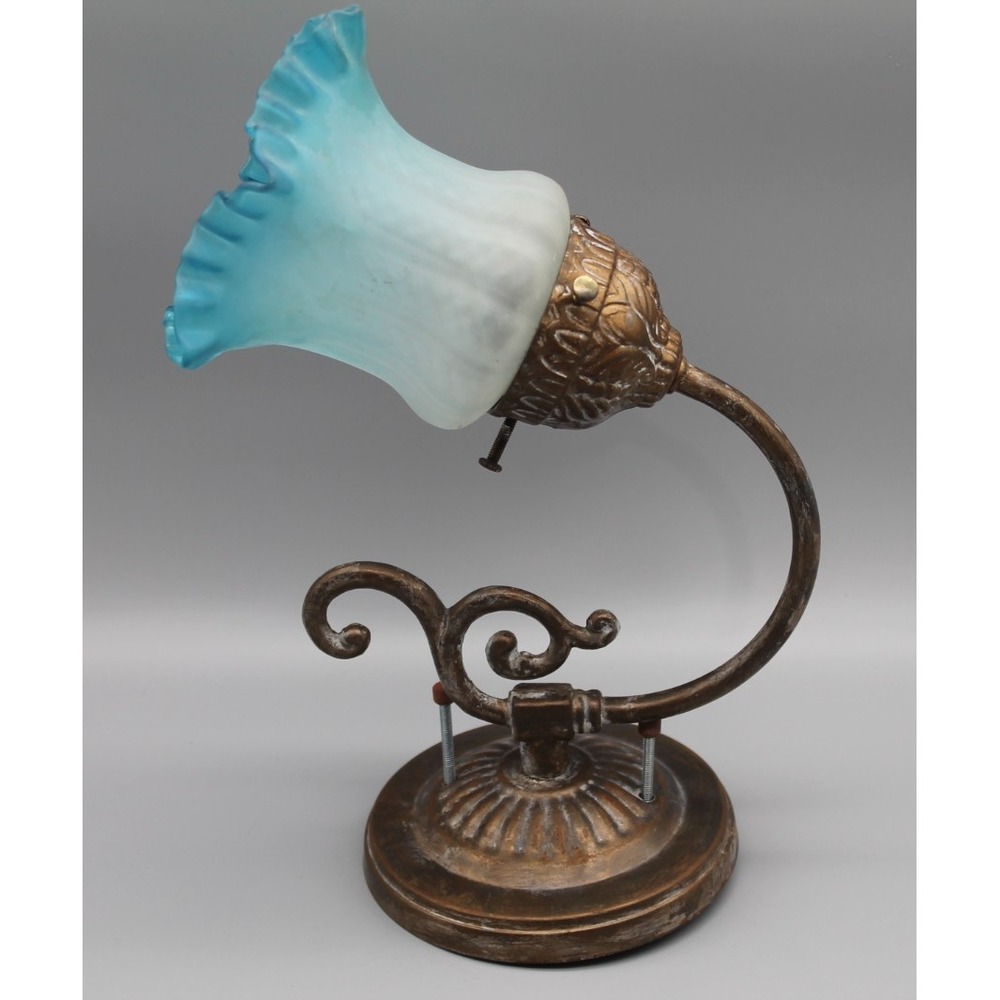 Vintage Art Nouveau Style Wall Sconce Blue Ruffled Glass Shade Bronze Tone